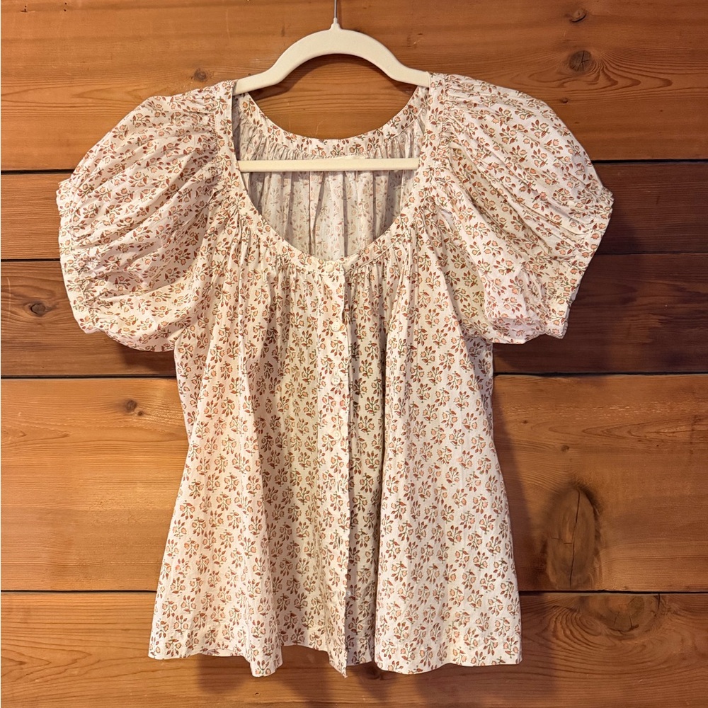 Doen Floral Puff Sleeve Blouse - Cream and Brown